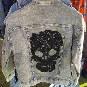 Gray and Black Jean Jacket with Distressed Hem and Skull Design